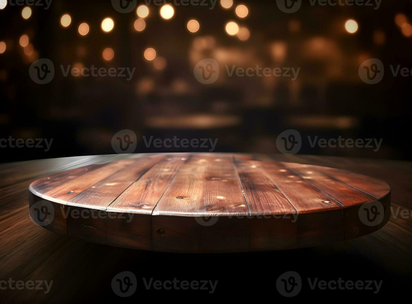 esvaziar de madeira mesa sobre borrado bokeh fundo, produtos exibição montagem foto
