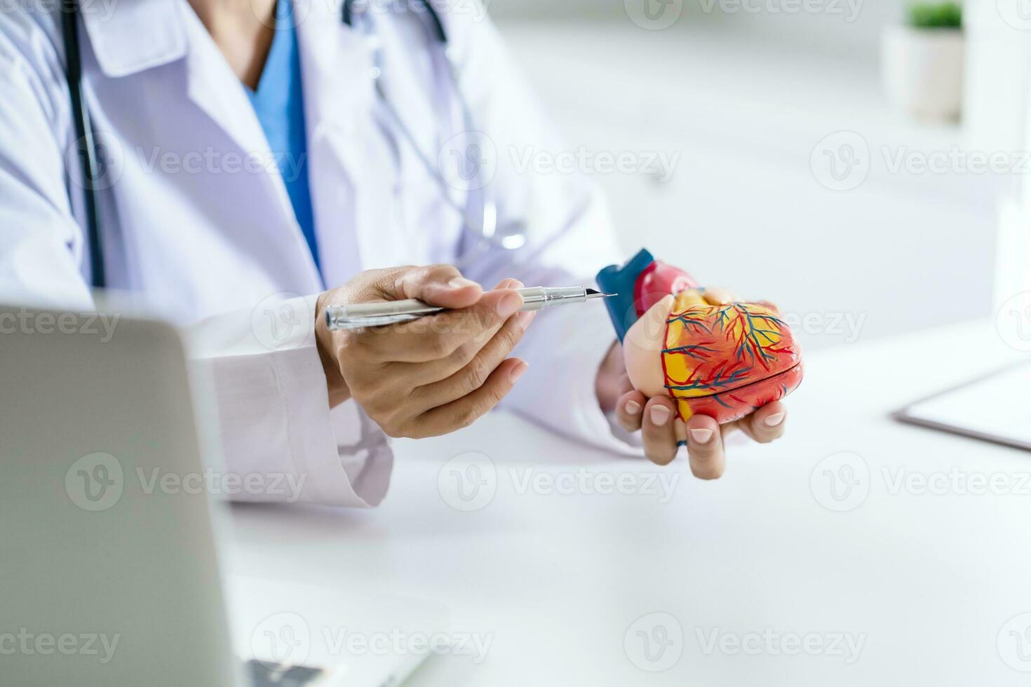 médico consultar paciente em computador portátil com anatômico modelo do humano coração cardiologista apoia a coração conectados médico encontro.. foto