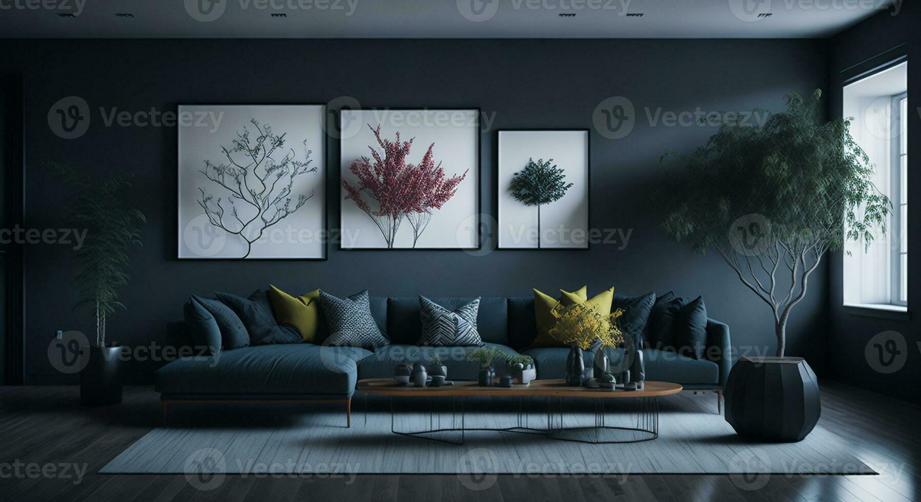 vivo quarto interior Projeto com sofá e cadeira e flores em mesa e maquetes poster do flores foto