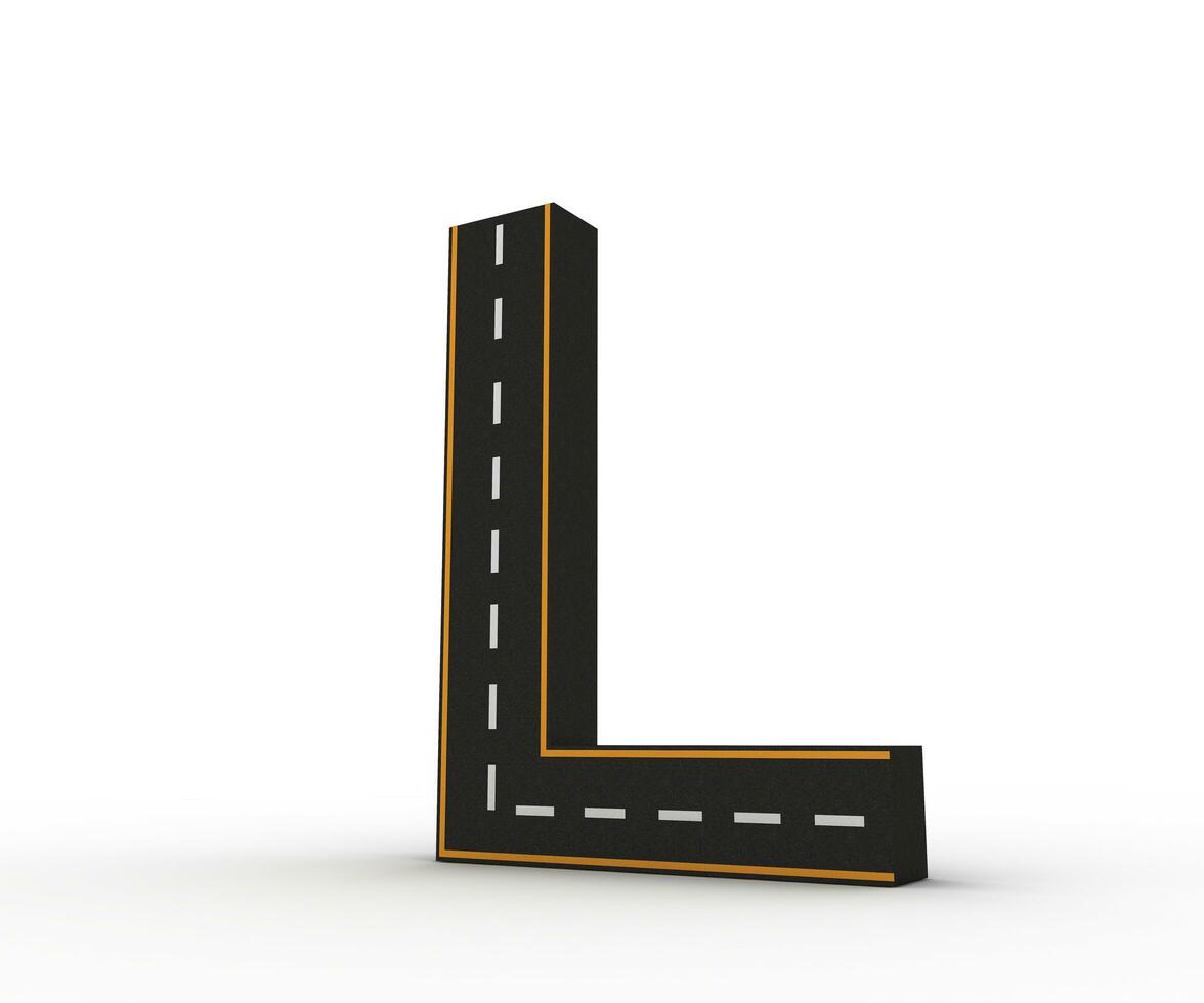 alfabeto símbolos do a figuras dentro a Formato do uma estrada com branco e amarelo linha, 3d Renderização foto