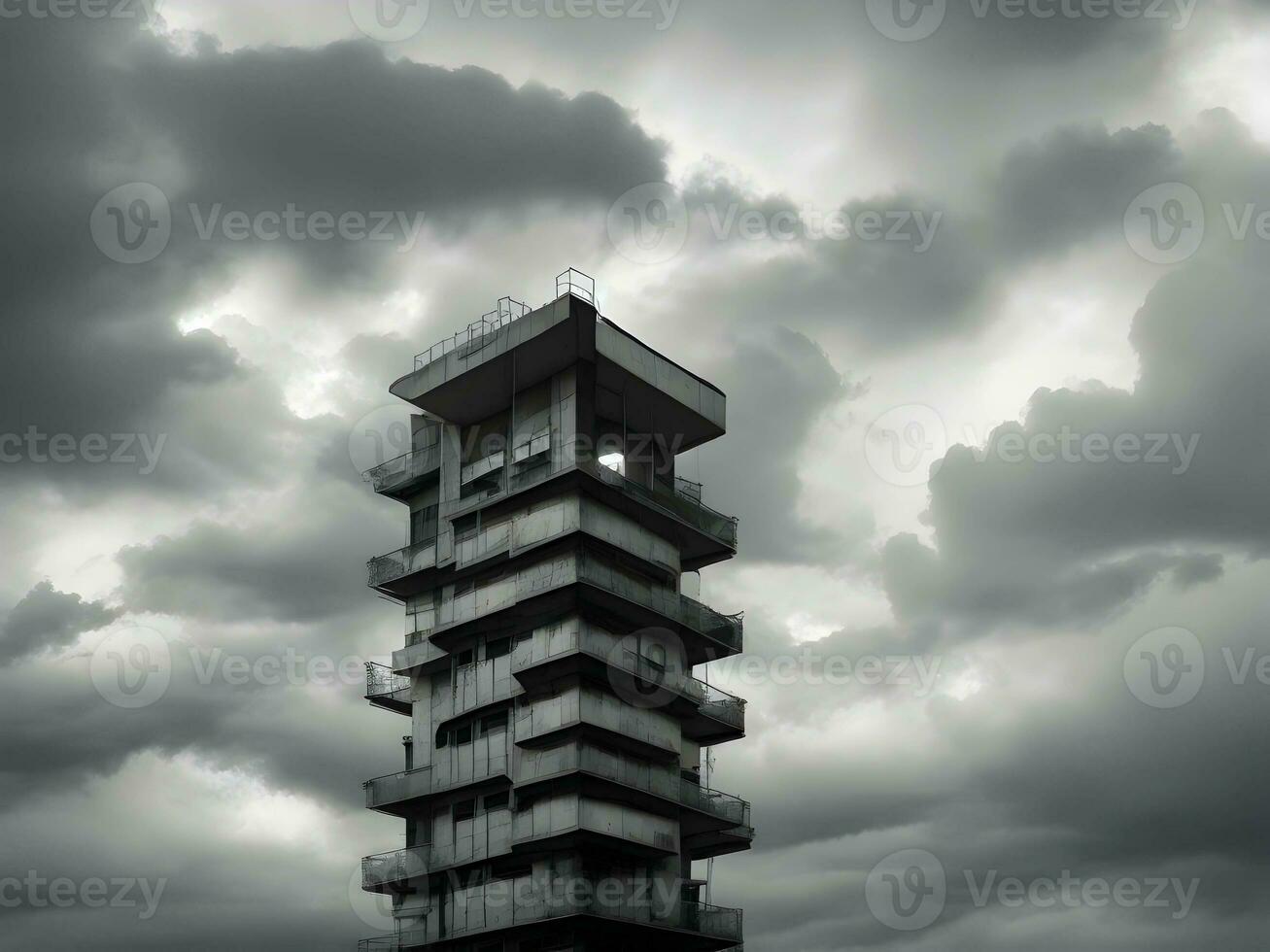 uma vintage velho construção com Sombrio nuvens dentro a céu, ai geração. foto