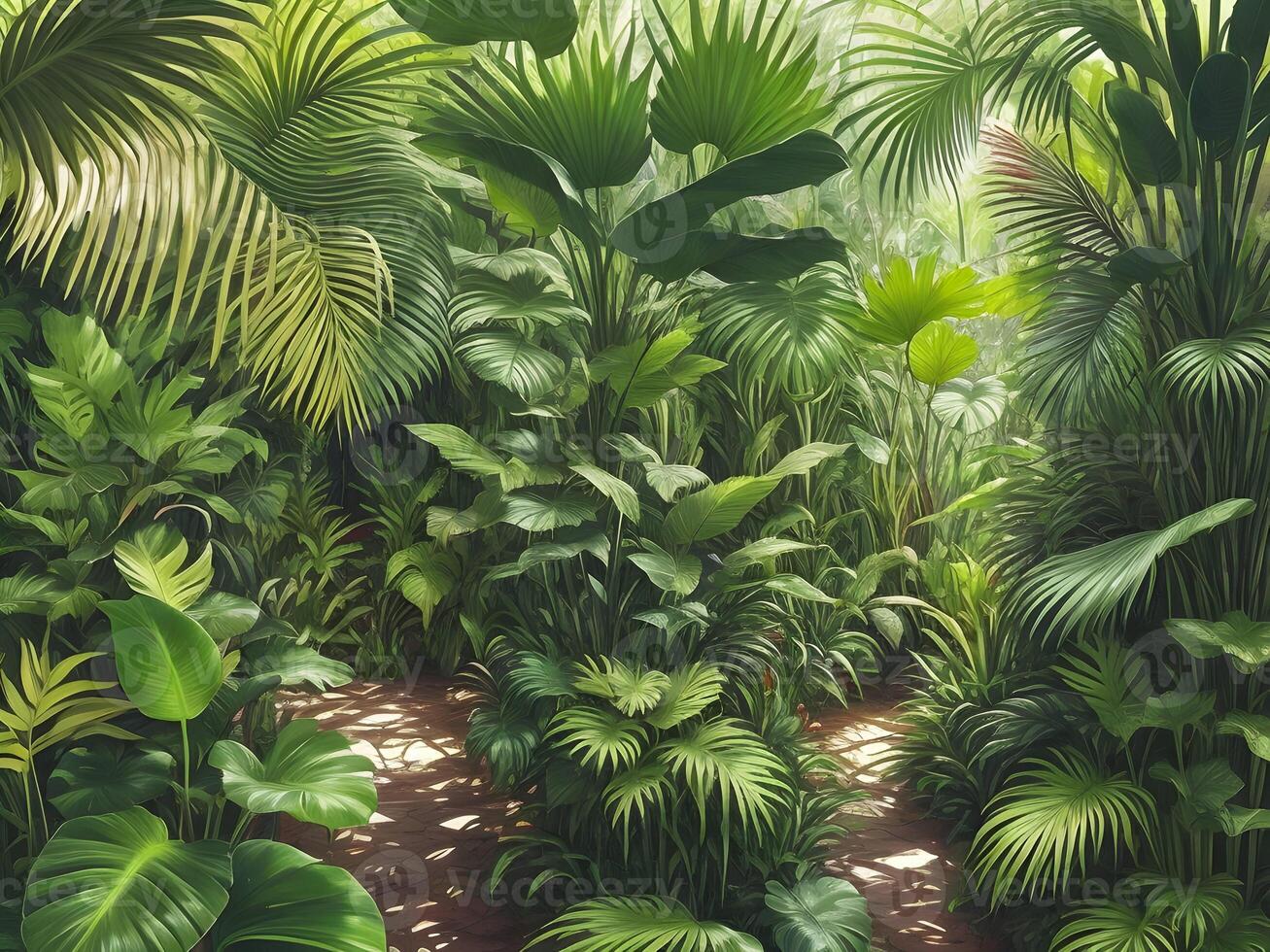 selva em uma ensolarado dia lindo tropical floresta com plantas flores Palma árvores generativo ai. foto