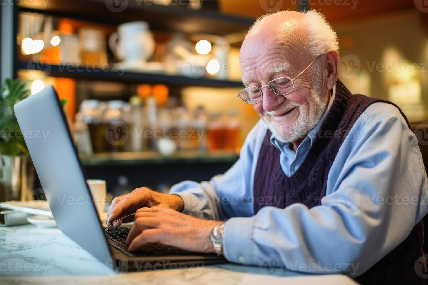 uma aposentado explorando a Internet criada com generativo ai tecnologia. foto