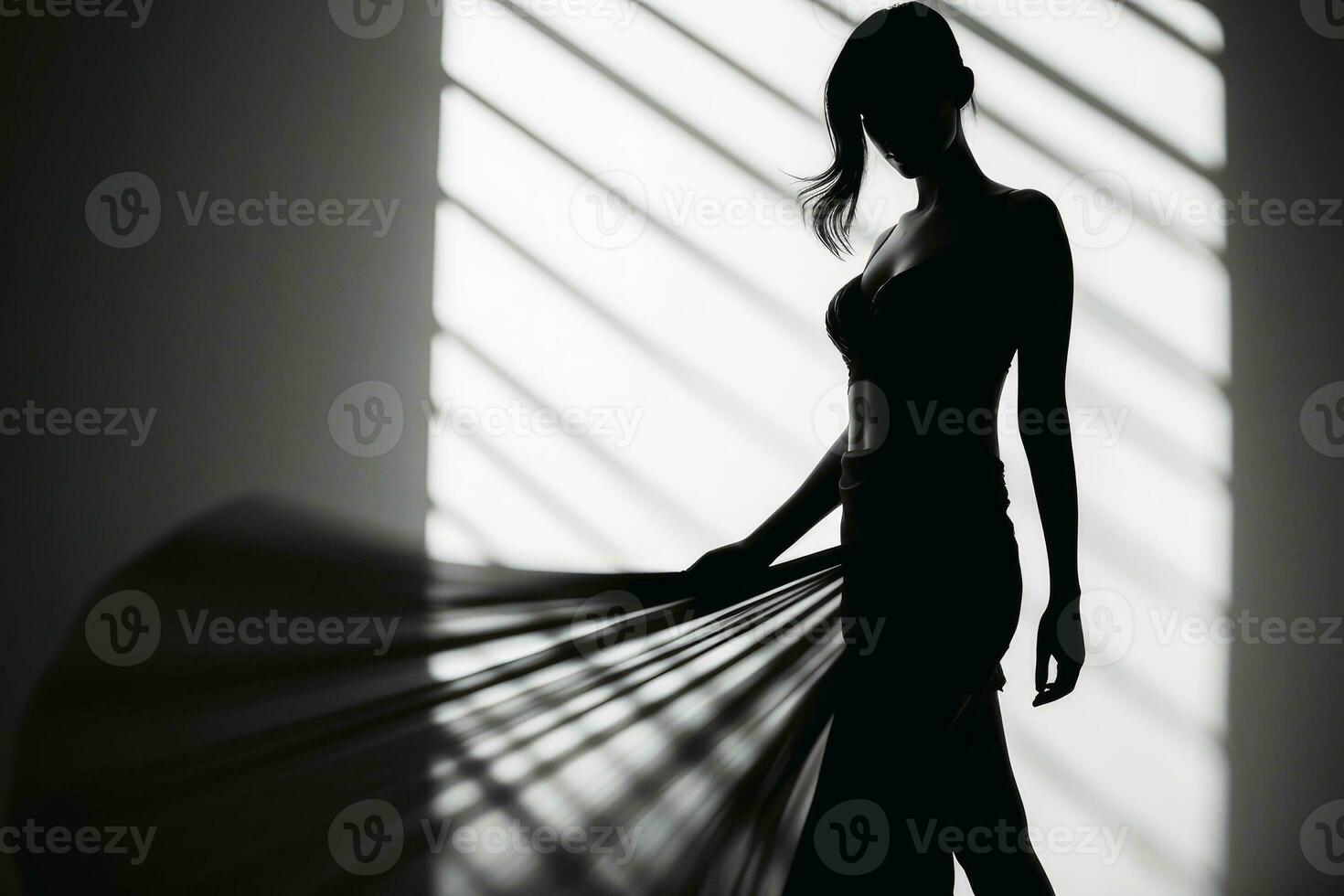 uma mulher dentro luz e sombra dentro Preto e branco criada com generativo ai tecnologia. foto