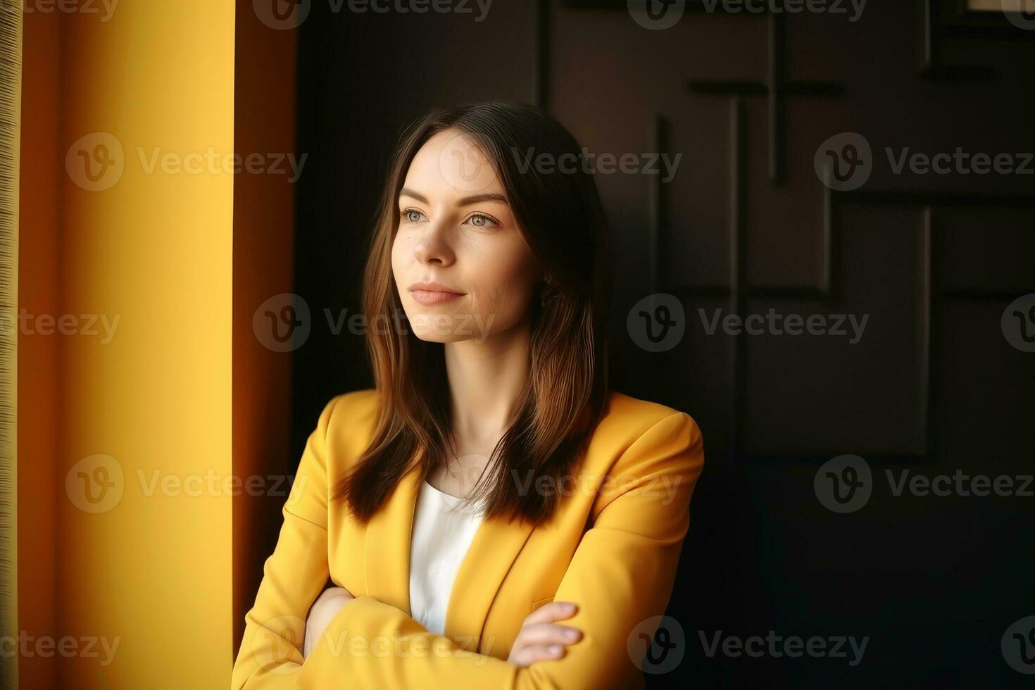 retrato do uma o negócio mulher dentro a escritório criada com generativo ai tecnologia. foto