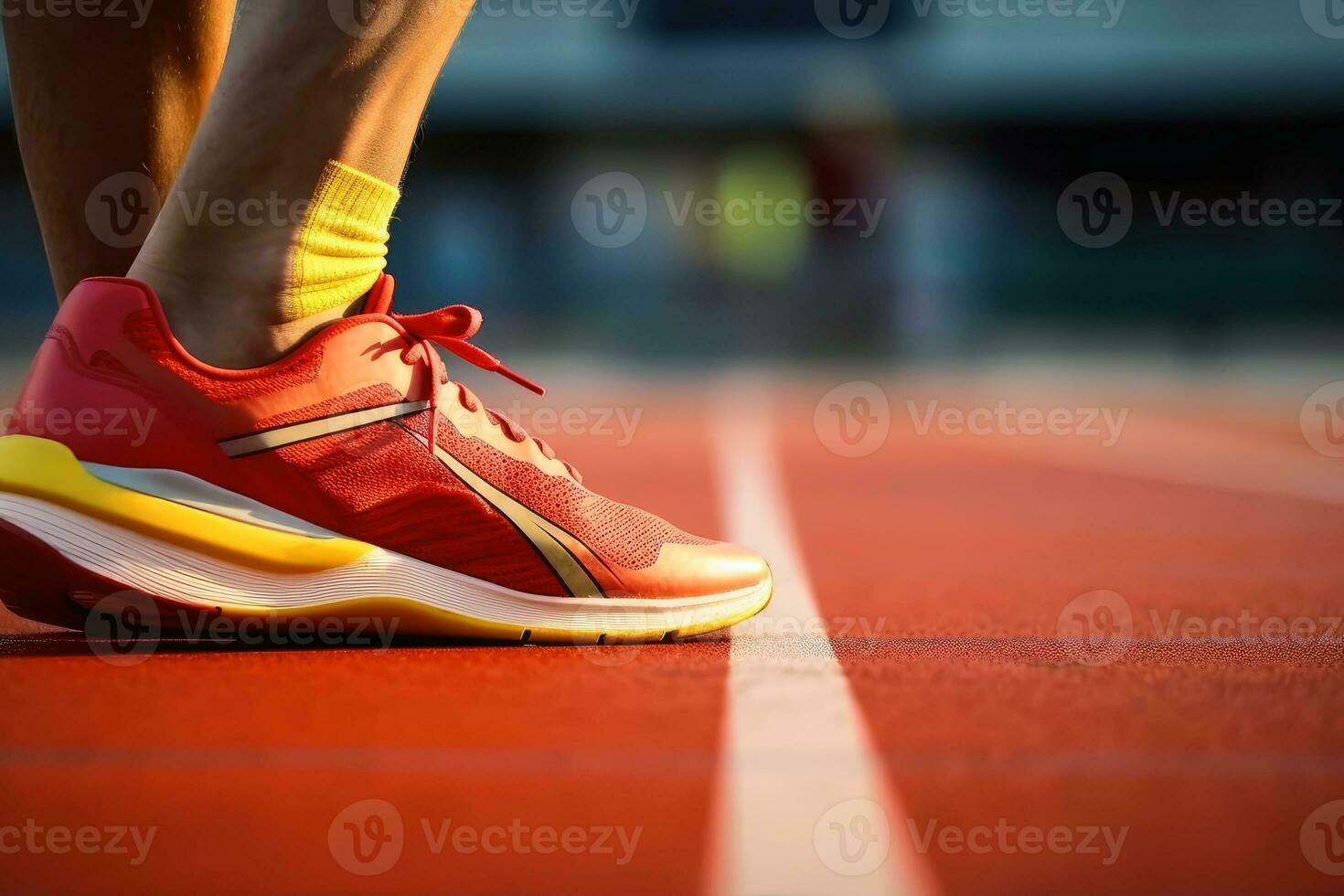 fechar acima do uma humano esporte sapatos em uma Esportes campo criada com generativo ai tecnologia. foto