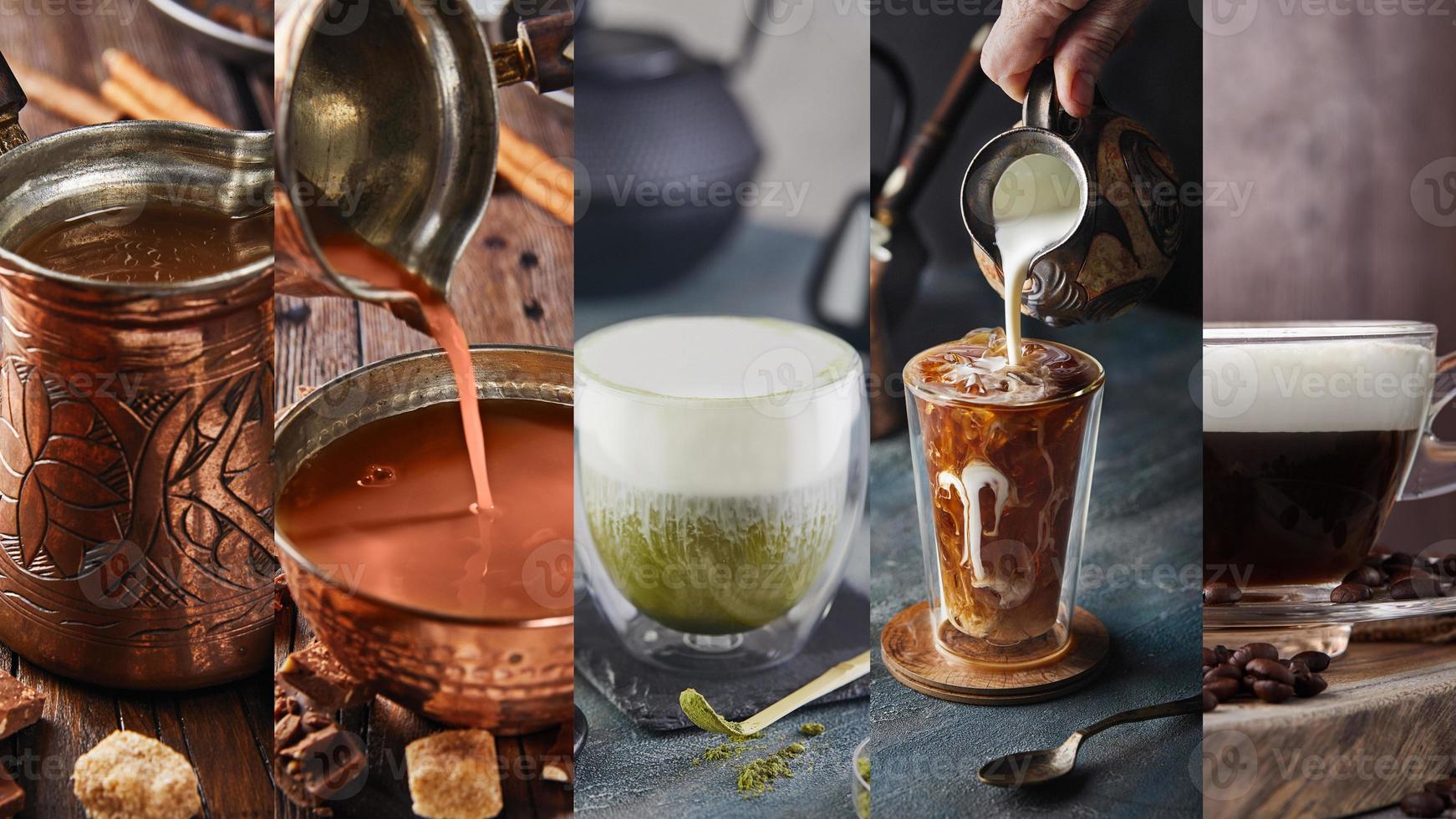 colagem de alimentos de fotos de bebidas quentes de inverno. chá, café com leite e café.