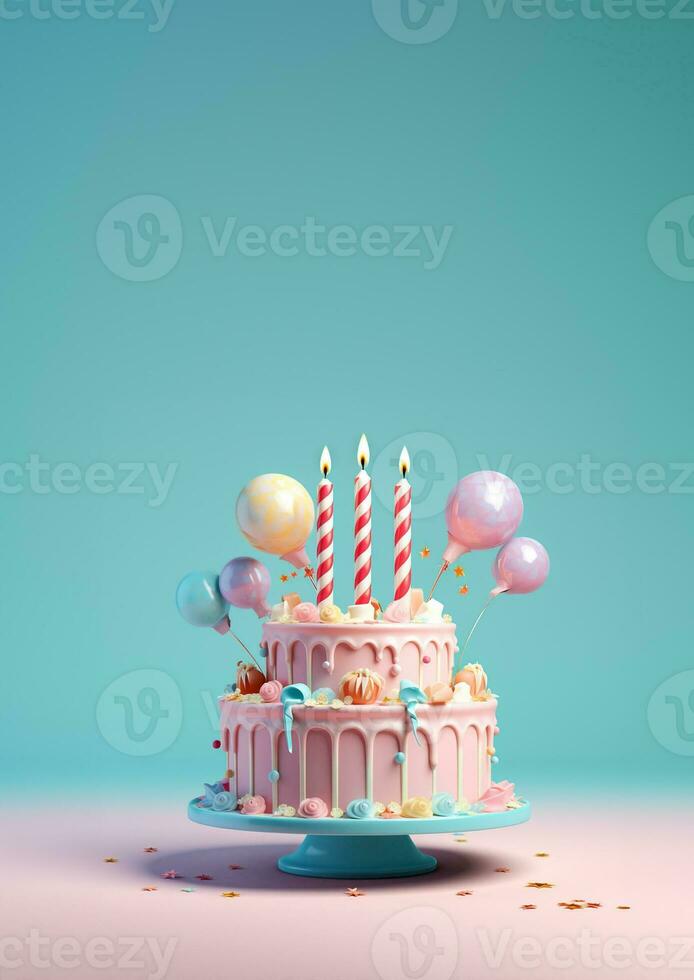 aniversário colorida bolo decorado com doces, aniversário bolo com velas, generativo ai. foto