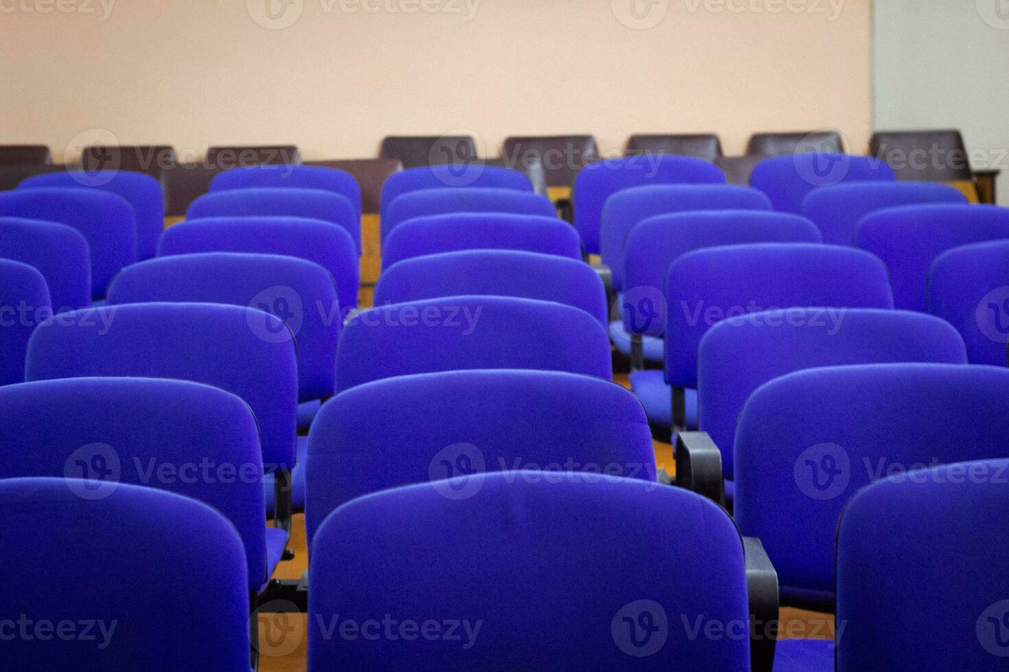 costas do a azul cadeiras dentro a auditório. foto