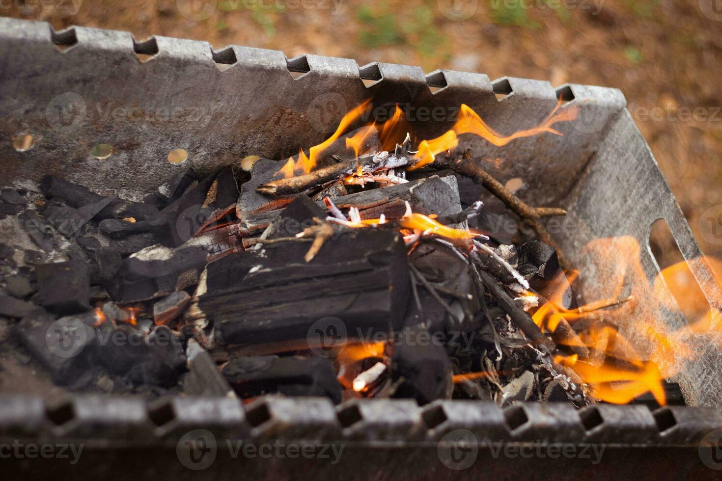 a chamas Preto carvão dentro uma metal grade. foto