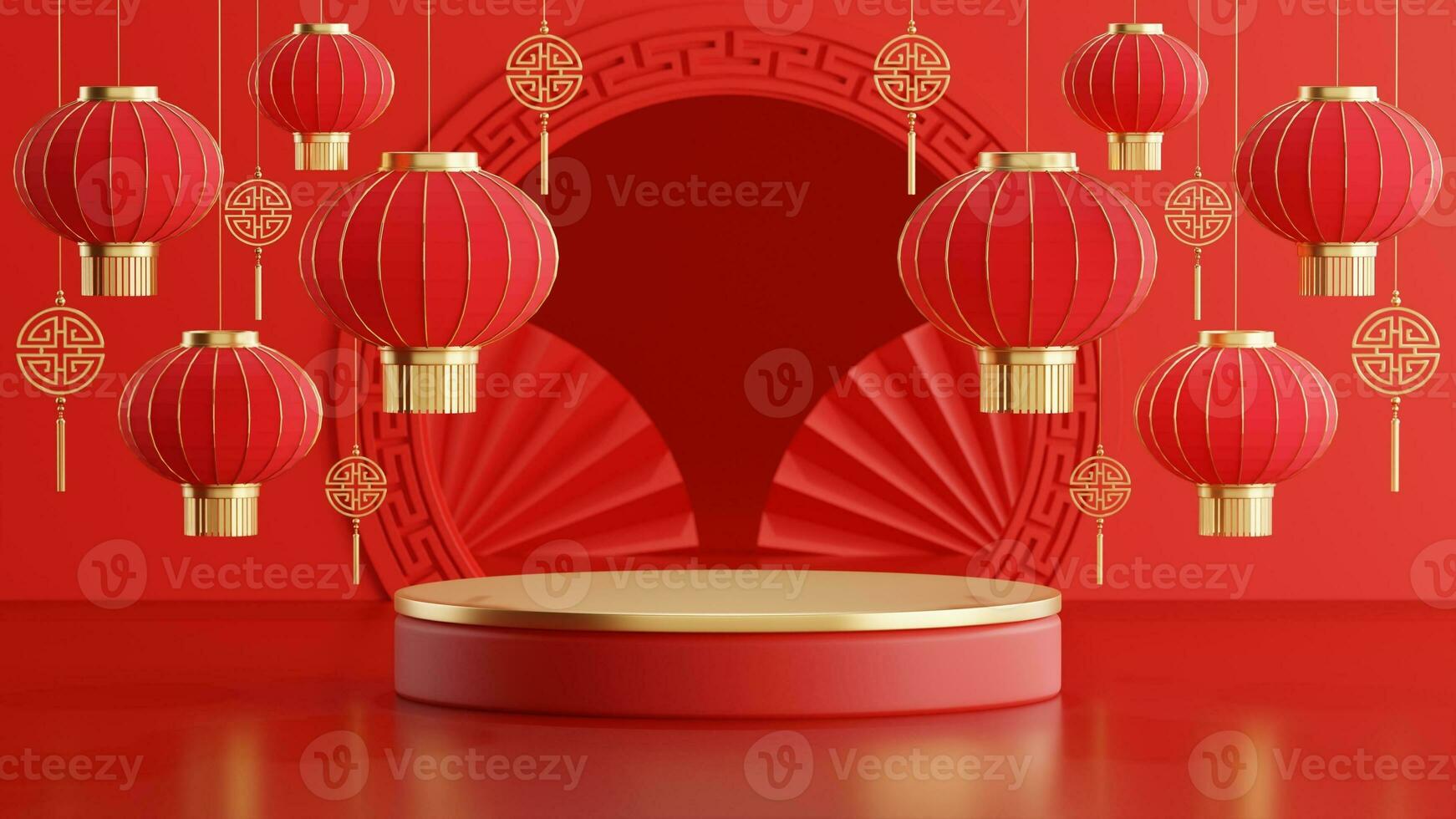 3d Renderização ilustração do pódio volta etapa pódio e papel arte chinês Novo ano, chinês festivais, meio outono festival , vermelho e ouro ,flor e ásia elementos em fundo. foto