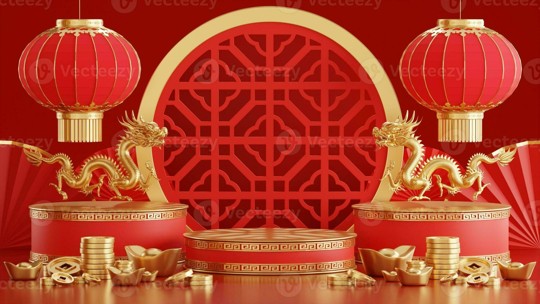 3d Renderização ilustração do pódio volta etapa pódio e papel arte chinês Novo ano, chinês festivais, meio outono festival , vermelho e ouro ,flor e ásia elementos em fundo. foto