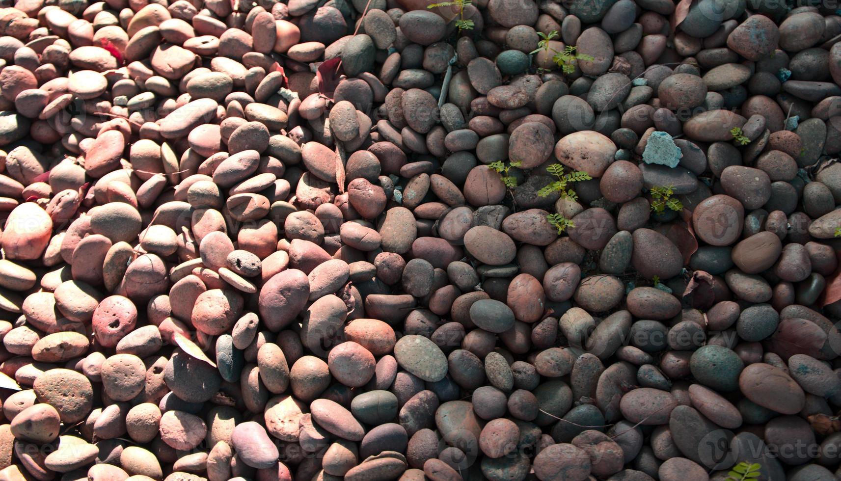 seixos de cor rosa natural com luz solar radial. fundo de textura de padrão abstrato de rocha. vista de cima, estilo de imagem horizontal. foto