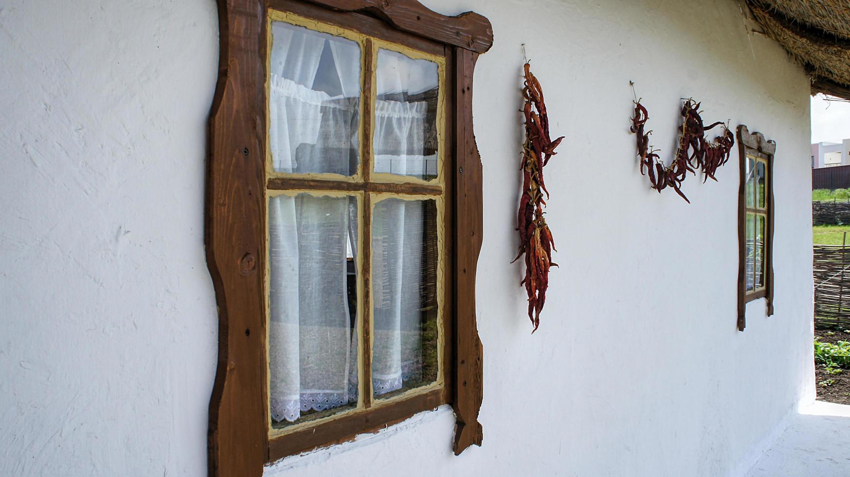 casa rural com janela de madeira e pimentas foto