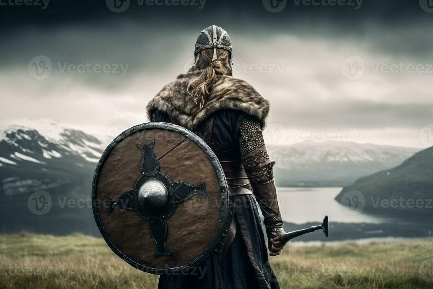 viking Guerreiro com capacete, montanhas dentro fundo, ai gerado foto
