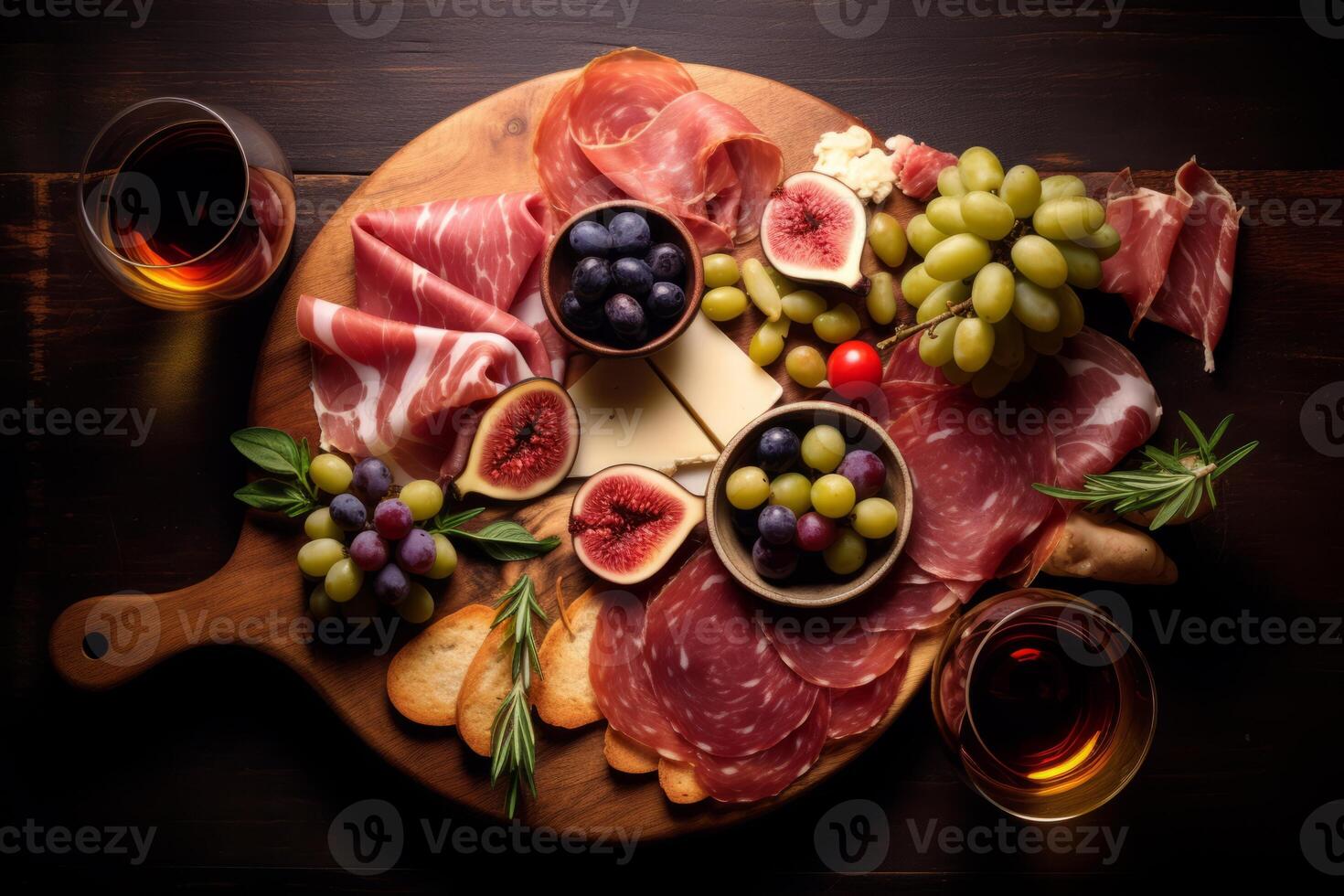 antipasto perfeição topo Visão do charcutaria borda com prosciutto, salame, azeitonas, e rosa vinho ideal para cardápios e livros de receitas ai gerado foto