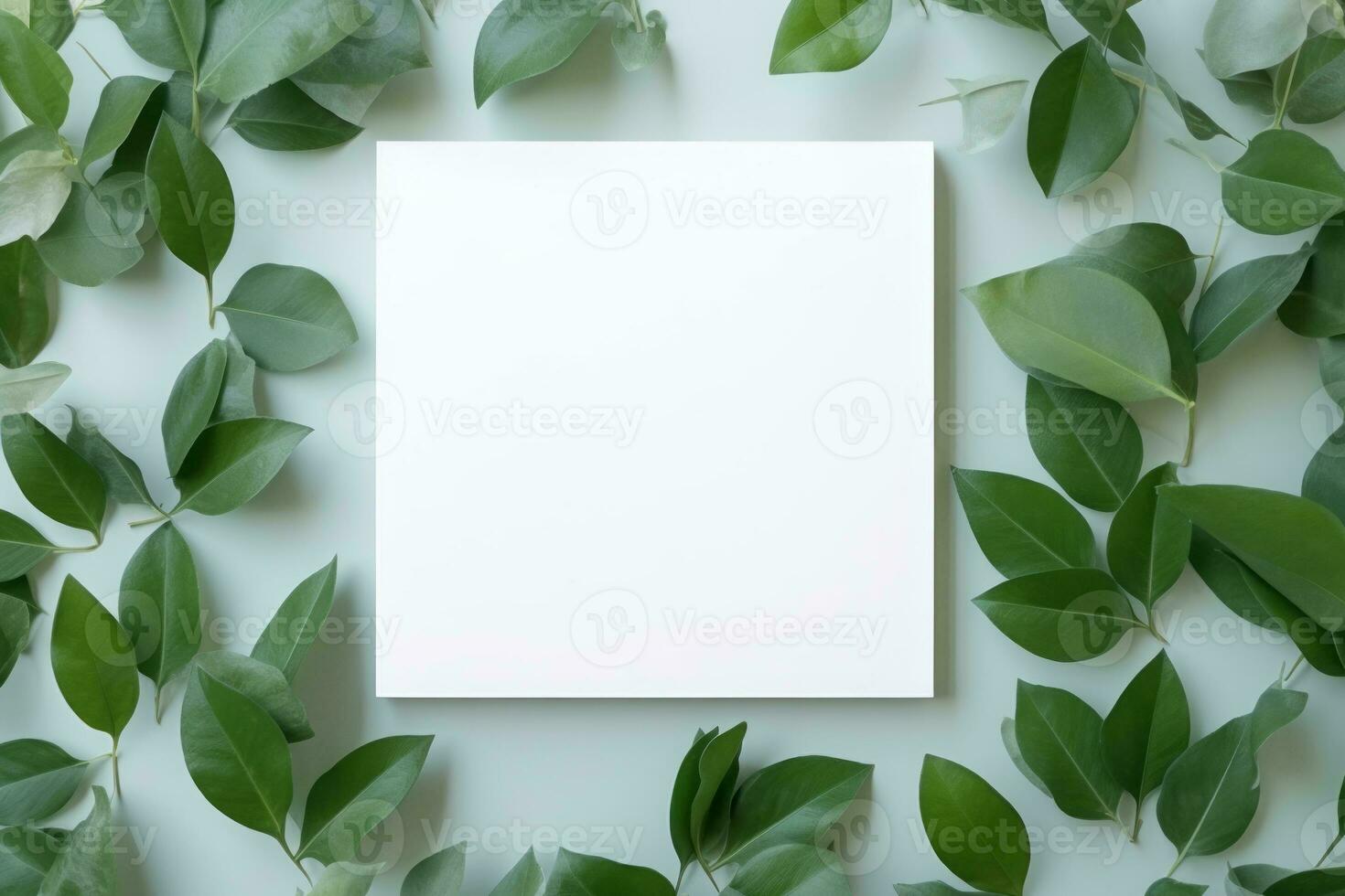 natural elegância verde folhas e branco quadrado quadro, Armação criativo disposição para publicidade cartão ou convite ai gerado foto