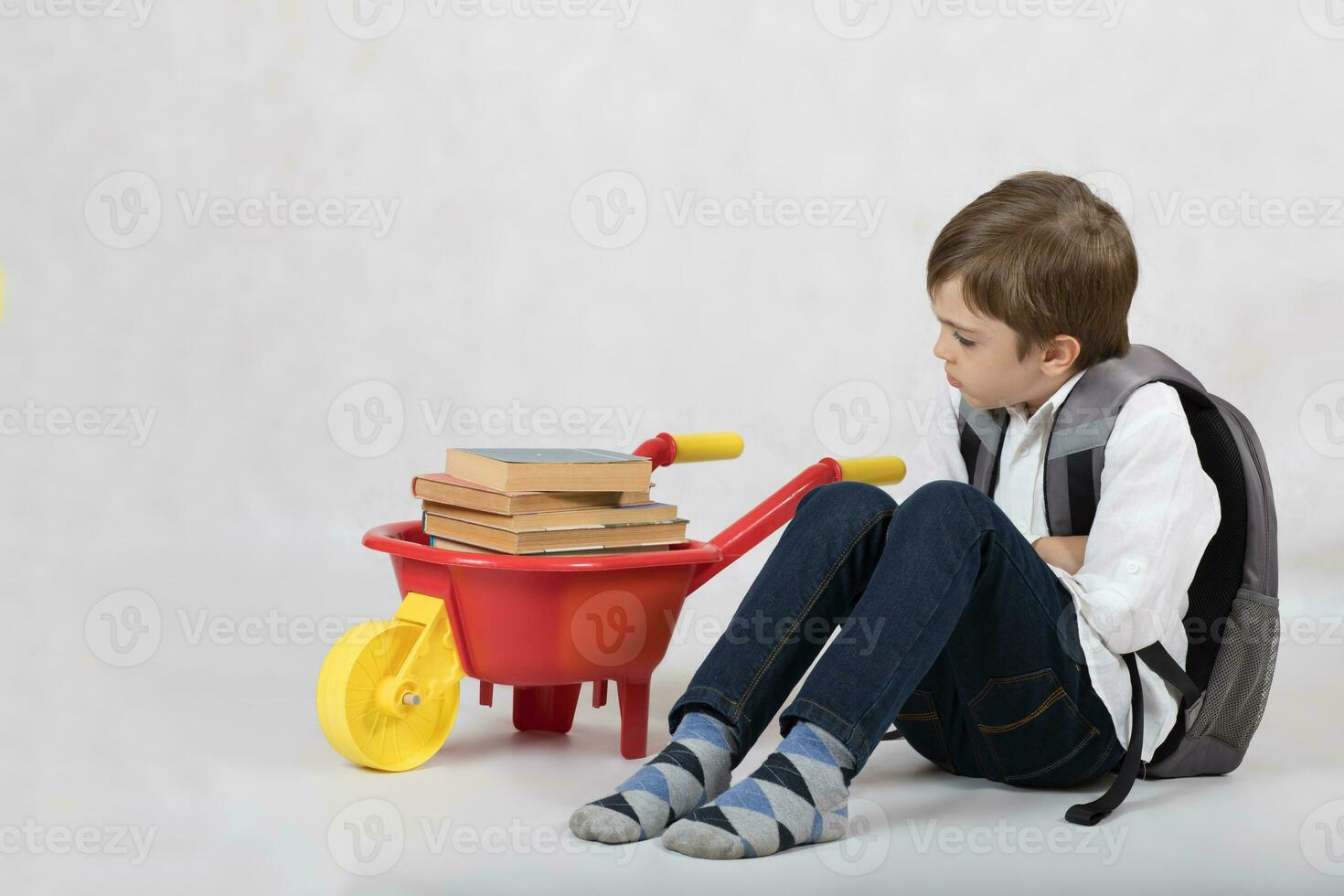 estudante com plástico carrinho de mão cheio do livros. livre espaço para uma texto. foto