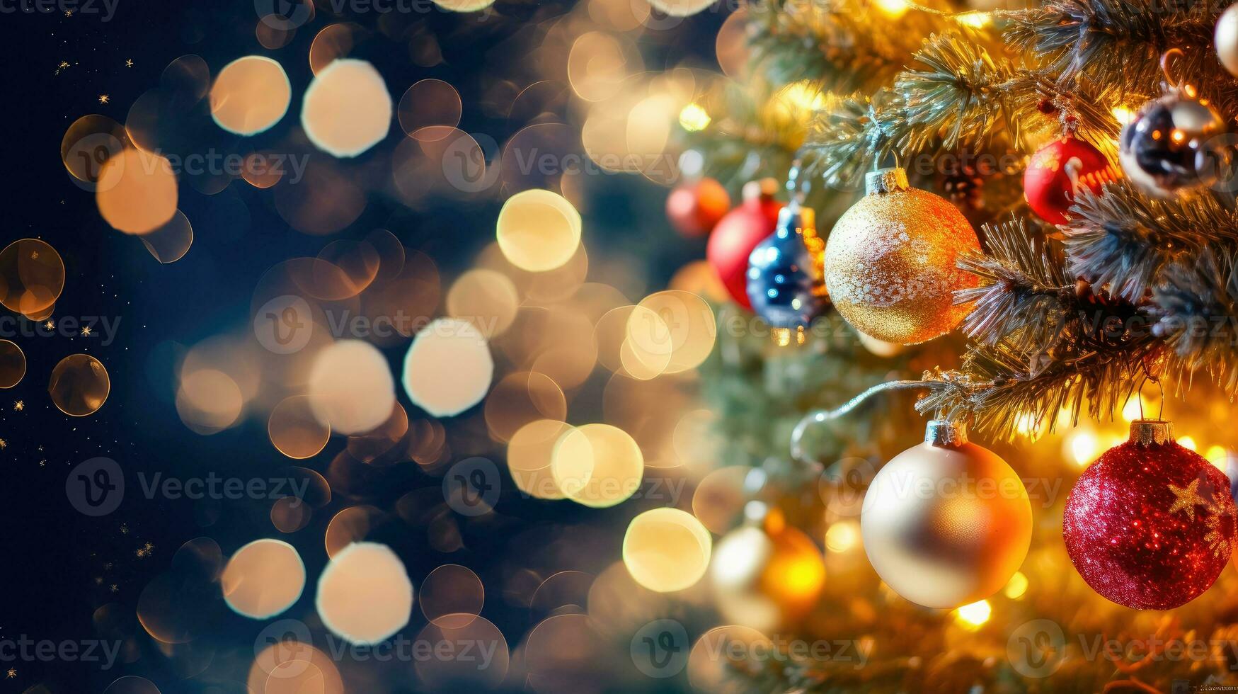 mágico Natal árvore cumprimento cartão com espumante enfeites - generativo ai foto