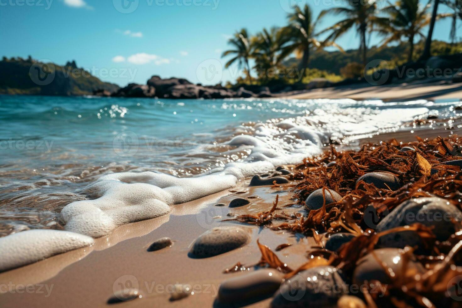 sereno tropical paraíso, dourado praia, embaçado Palma folhas, iluminado pelo sol cintilante águas ai gerado foto