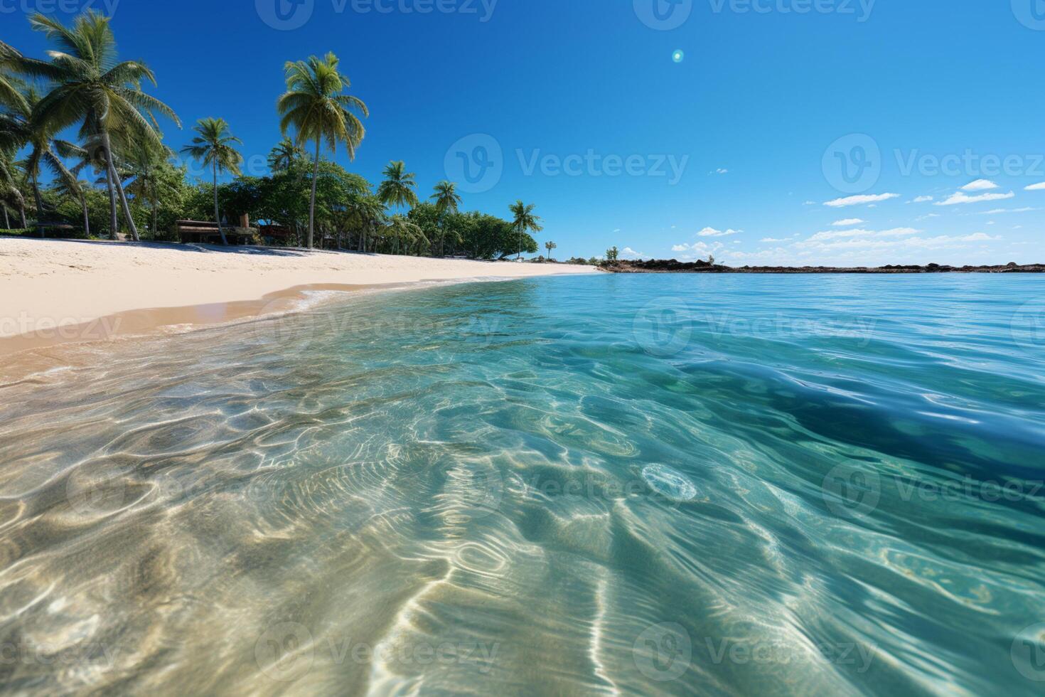 panorâmico tropical praia, dourado areia, Palma árvores, turquesa mar, azul céu ai gerado foto