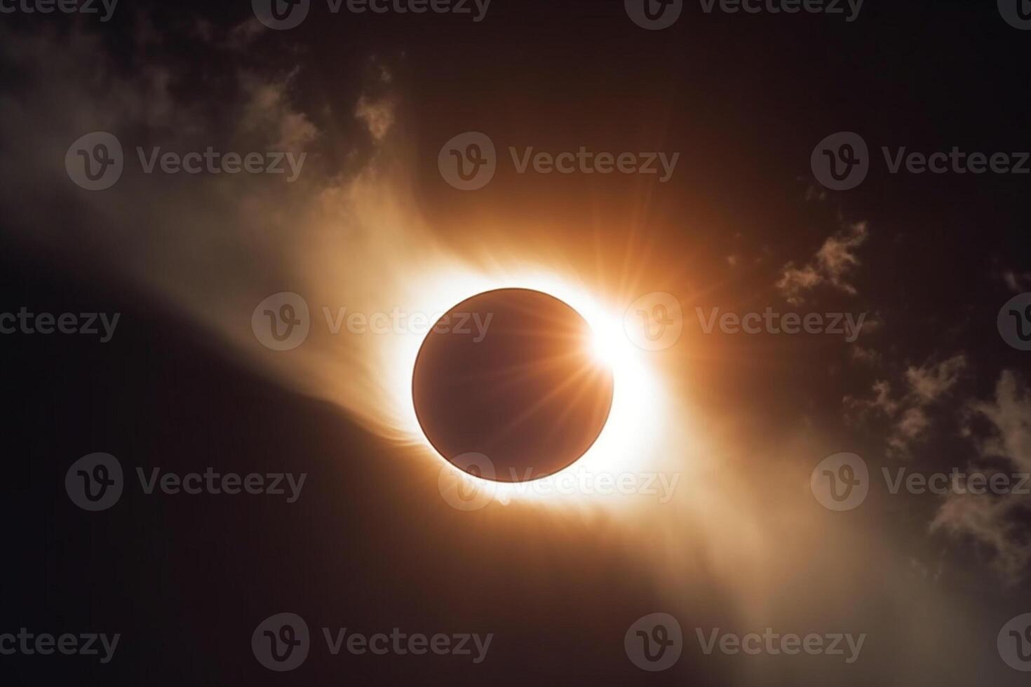 enigmático eclipse, nuvens mortalha a celestial evento, Sol flare rompe através ai gerado foto