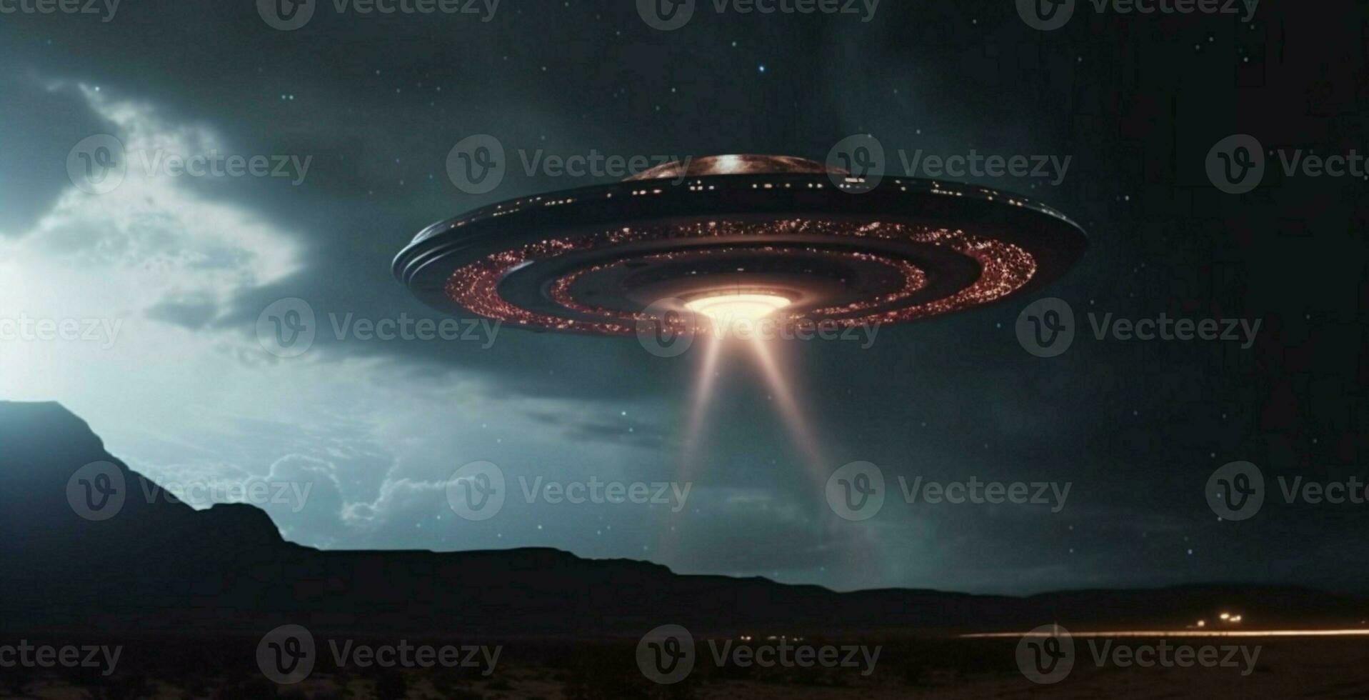 noite céu intriga, estrangeiro nave espacial UFO explora Como lua relógios ai gerado foto