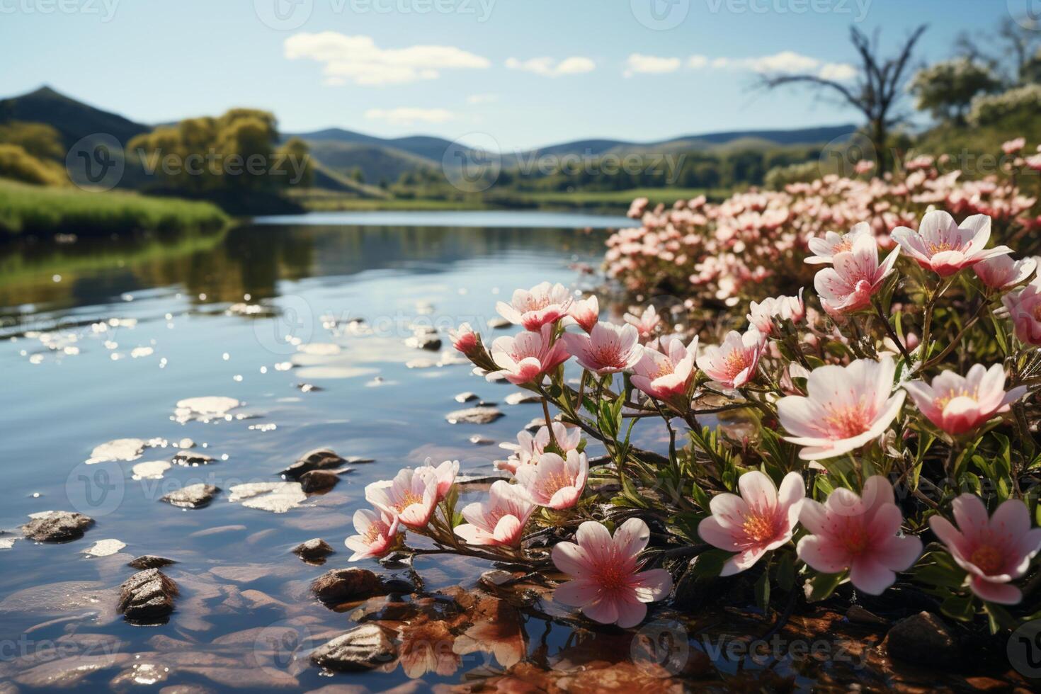 delicado floresce e rejuvenescido folhagem pintura uma pitoresco Primavera panorama ai gerado foto