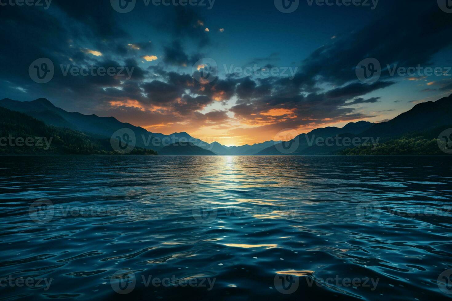 a do lago quietude é amplificado contra uma escuro, infinito azul horizonte ai gerado foto