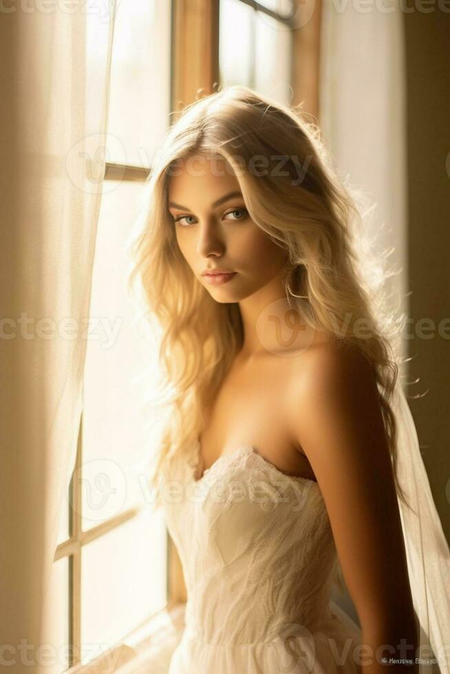 generativo ai retrato do uma lindo Loiras menina dentro uma branco Casamento vestir. foto