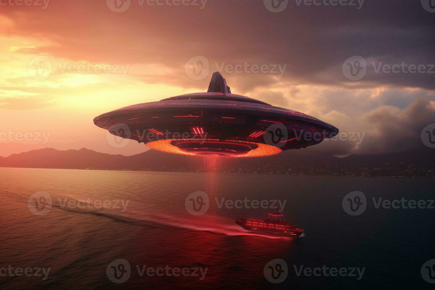 sobrenatural espetáculo, estrangeiro nave espacial sobe acima pôr do sol mar, vermelho céu ai gerado foto