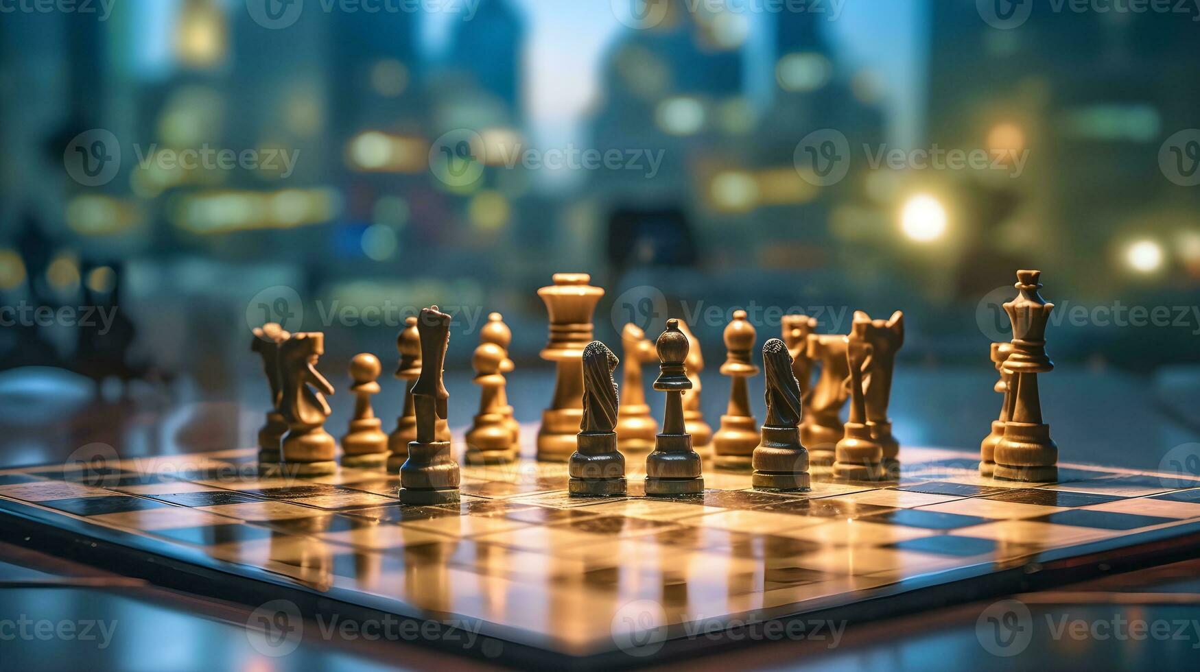 xadrez borda em uma mesa com uma alta construção atrás isto gerado ai foto