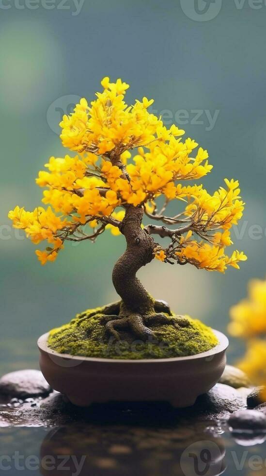 bonsai amarelo árvore papel de parede fundo. ai gerado foto