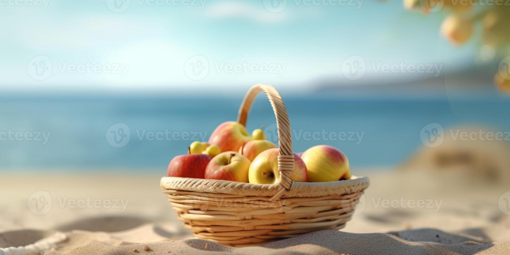 piquenique com pêssego em de praia areia feriado fundo. ai gerado foto