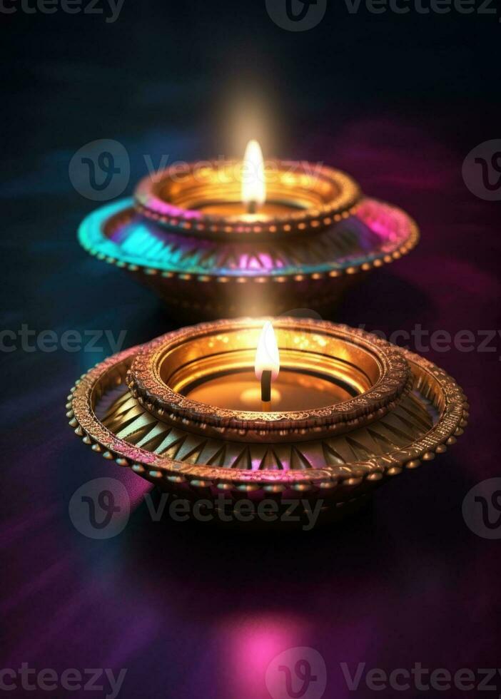 dois indiano diya lâmpadas aceso acima dentro uma circular forma por aí a vela chama. generativo ai foto