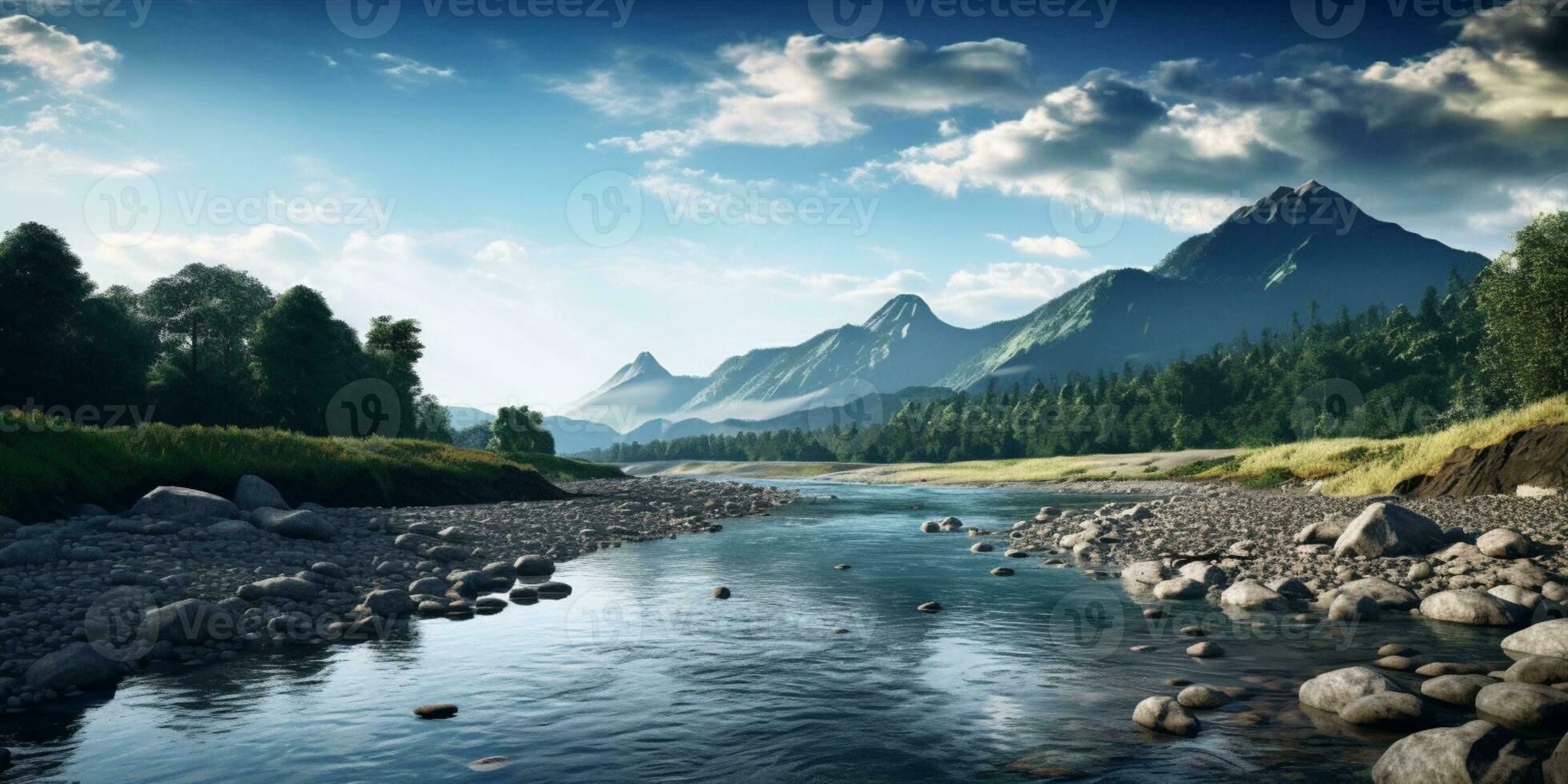 montanha, rio e céu cópia de espaço fundo. ai gerado foto