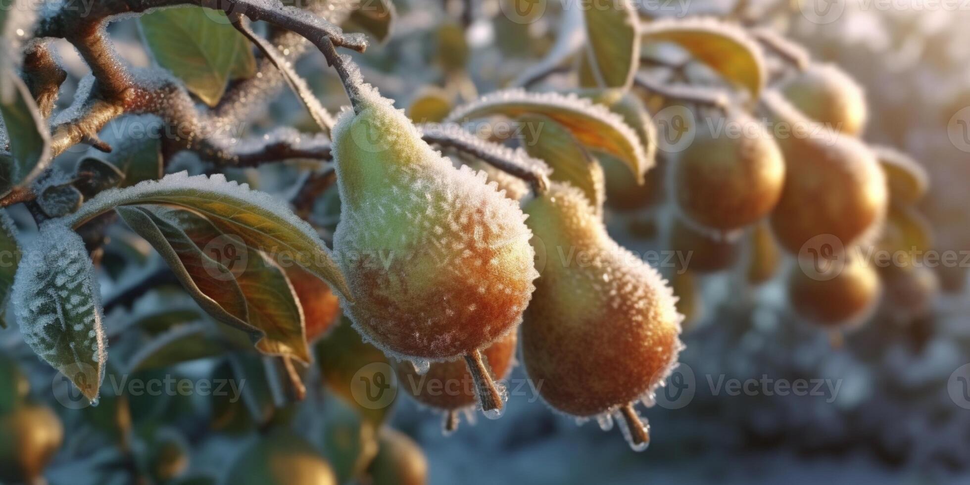 gelo tempestade árvores e pera fruta congelar dentro inverno, ai gerado foto