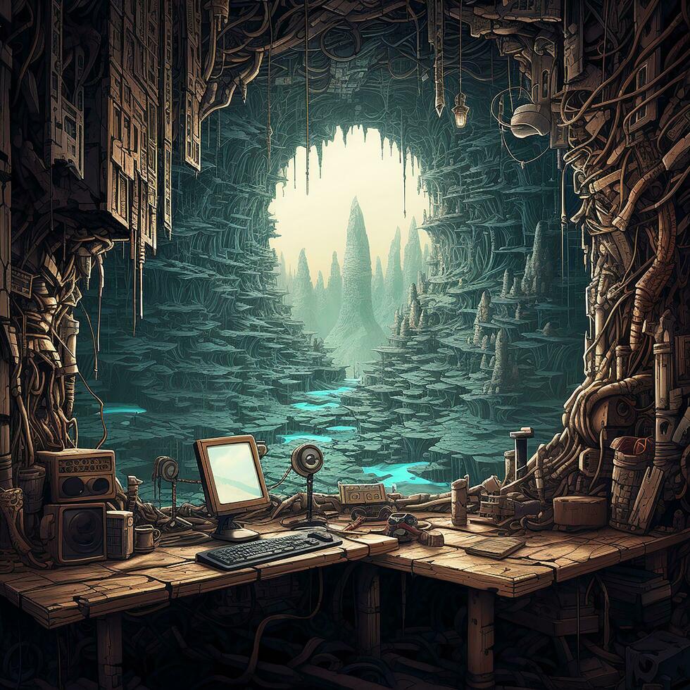 uma quarto com uma caverna e uma computador portátil em a escrivaninha. generativo ai foto