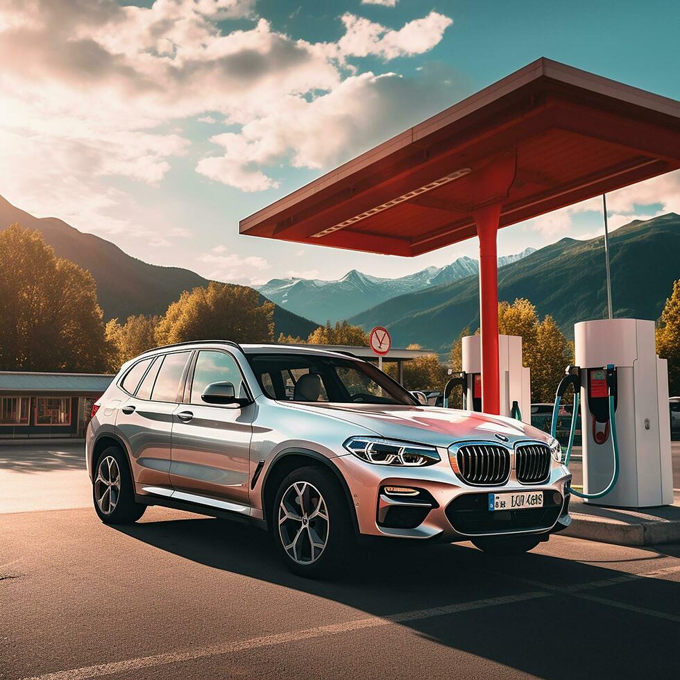 cinematográfico carro tiro estacionado às uma branco cobertura e vermelho pólo gás estação. generativo ai foto