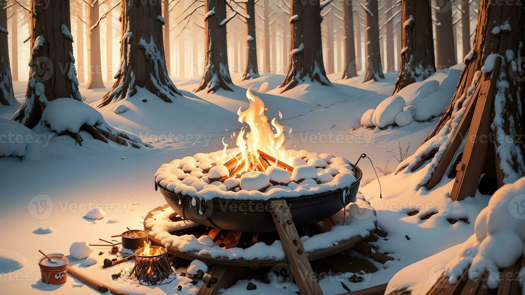 abraçando a fogo a comemorar nacional torrado marshmallow dia com uma cativante fogueira pintura. ai gerado. foto