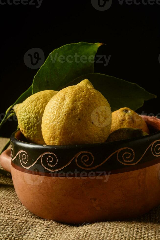 orgânico limões, colhido a partir de a jardim, preparado em a mesa. foto