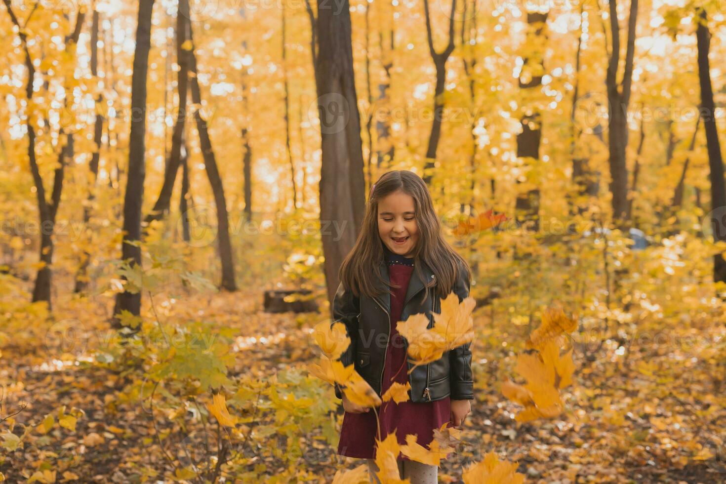 outono emocional retrato do rindo criança caminhando dentro parque ou floresta foto