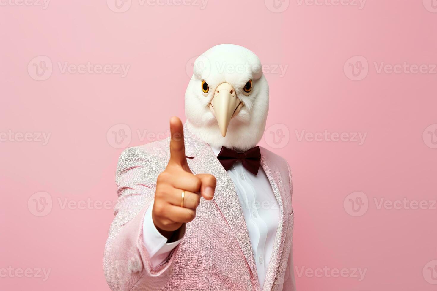 pessoa com uma mascarar homem vestindo branco terno e engraçado Pombo pássaro mascarar. ai generativo foto