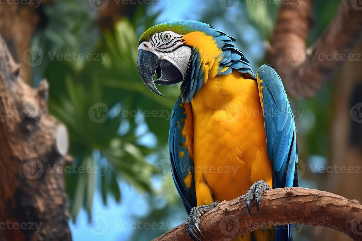 azul e amarelo arara. lindo azul e ouro arara pássaro empoleirado dentro uma árvore. foto