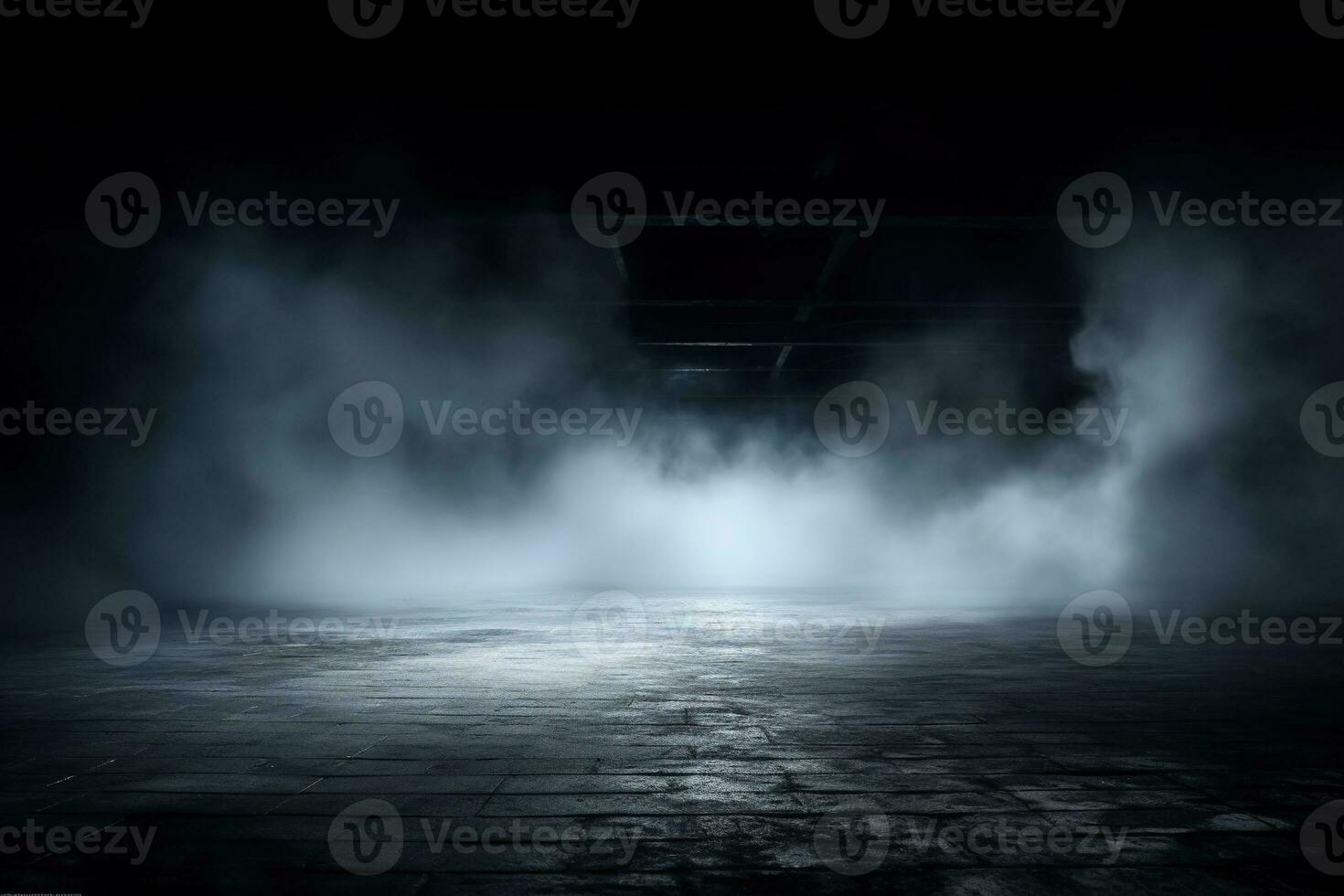 luz dentro a escuridão. névoa dentro a Sombrio fumaça em cinzento chão. ai gerado foto