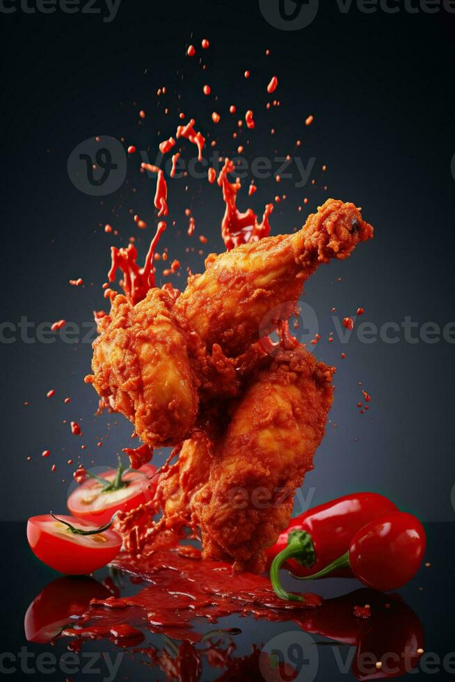 generativo ai ilustração do vermelho Pimenta Pimenta espirrando com frito frango em sólido cor fundo foto
