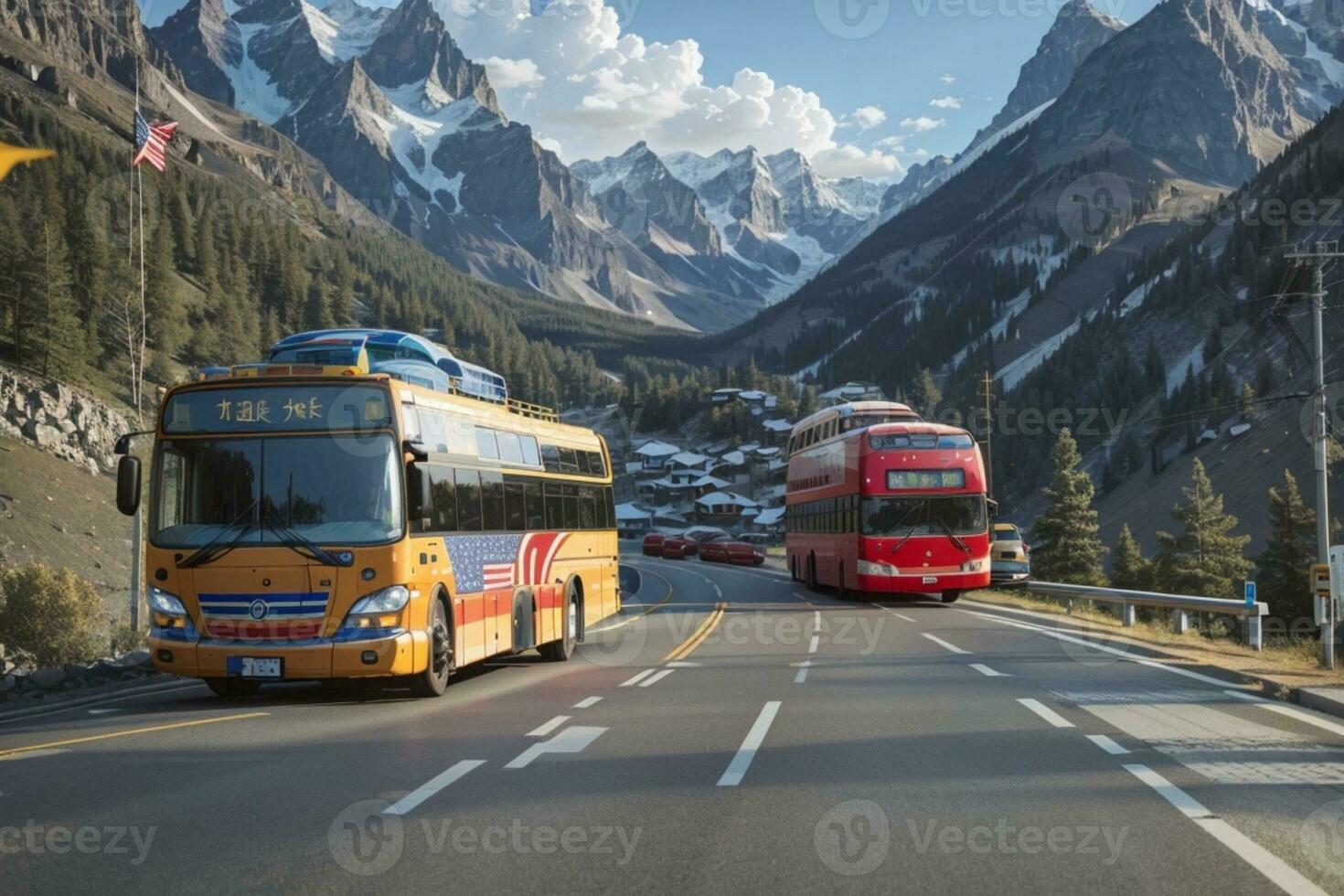 uma estrada viagem amarelo ônibus parado em a estrada foto