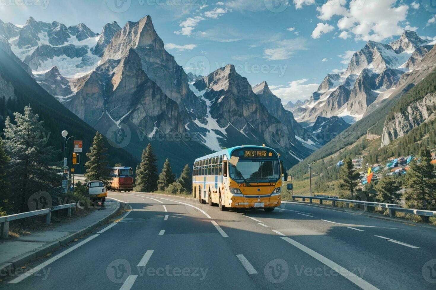 uma estrada viagem amarelo ônibus parado em a estrada foto