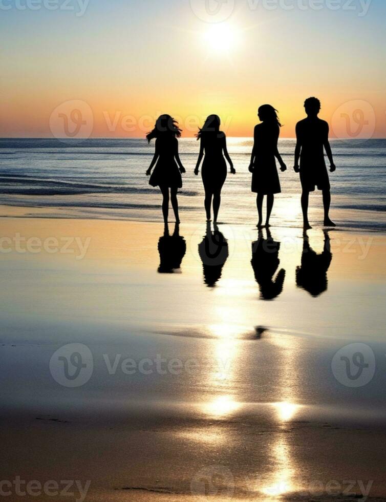 silhuetas do amigos desfrutando de praia Atividades juntos foto