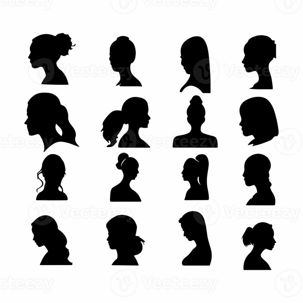 agrupar do mulher lado face com diferente cabelo estilos silhueta isolado em branco fundo vetores Projeto modelo- vetor ilustrações definir. foto